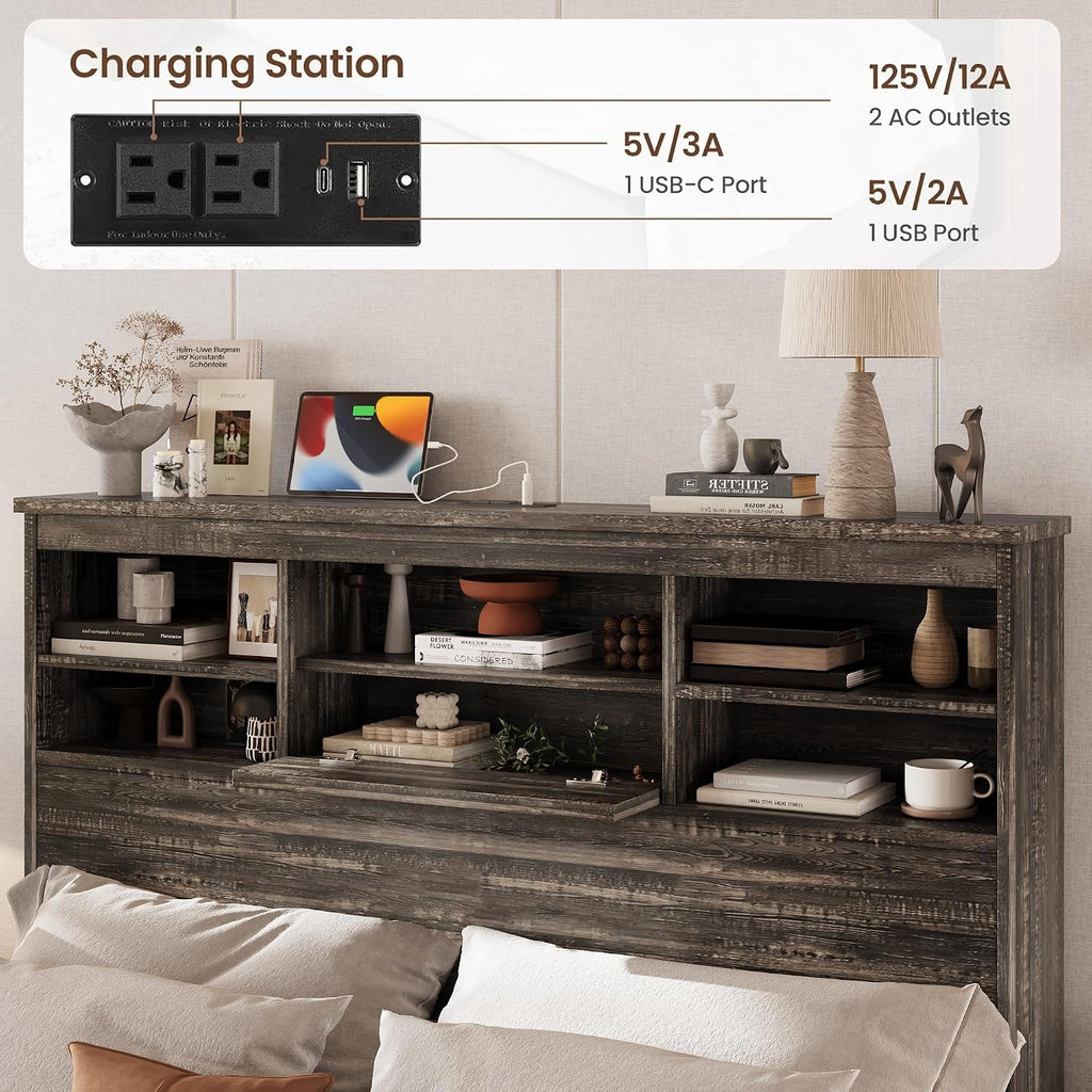 4PCS Bedroom Sets, Wooden Queen Size Bed Frame with Storage Headboard and Charging Station, 2 Nightstands with 2 Drawers,1 Dresser with 5 Drawers,Noiseless, No Box Spring Needed (Gray-JU3)
