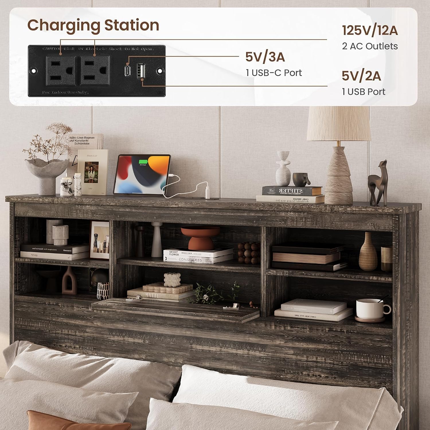 4PCS Bedroom Sets, Wooden Queen Size Bed Frame with Storage Headboard and Charging Station, 2 Nightstands with 2 Drawers,1 Dresser with 5 Drawers,Noiseless, No Box Spring Needed (Gray-JU3)