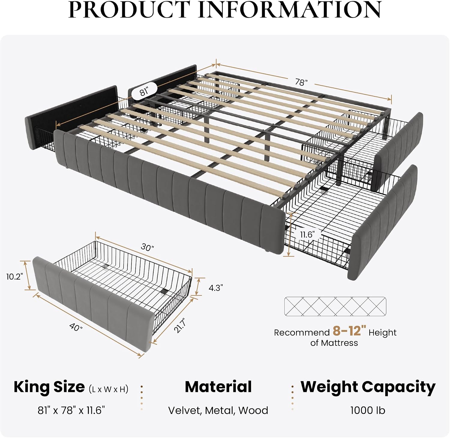 SHA CERLIN King Size Velvet Upholstered Platform Bed Frame with 4 Storage Drawers, Vertical Channel Tufted, Low Profile, Fits Standard Headboards, Wooden Slats Support, Easy Assembly, Grey