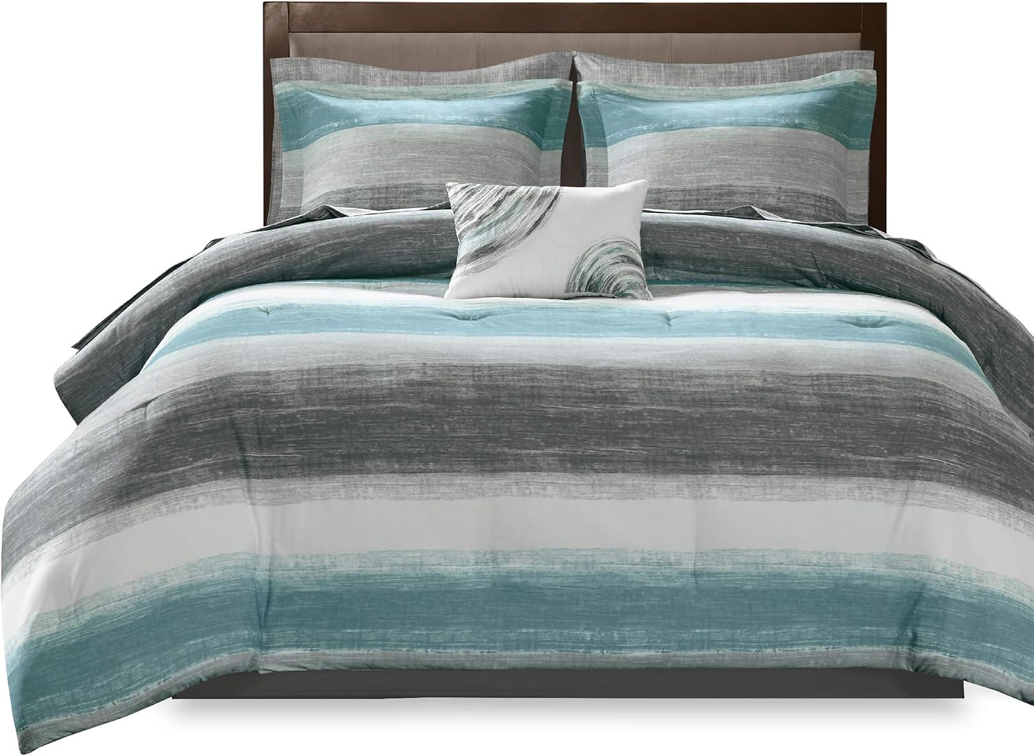 Madison Park Essentials Queen Comforter Set, Bed in a Bag Queen, Watercolor Print Coastal Comforter & Chambray Cotton Sheet Set, All Season Bedding Set, Saben, Aqua Queen (90 in x 90 in) 9 Piece