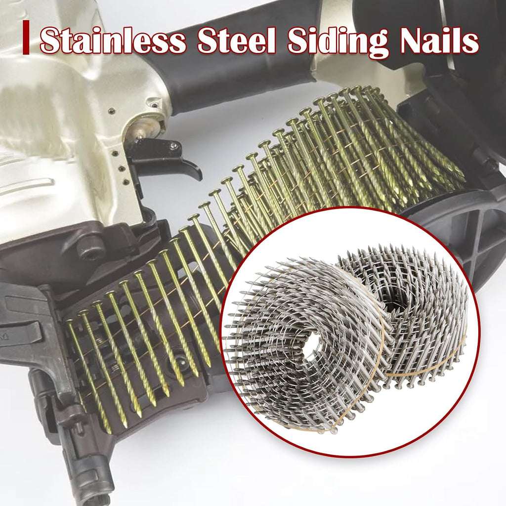 findmall 3600 Count 2-Inch x .090-Inch Ring Shank 304 Stainless Steel Siding Nails 15-Degree Collated Wire Coil for Wood Siding or Fencing Applications