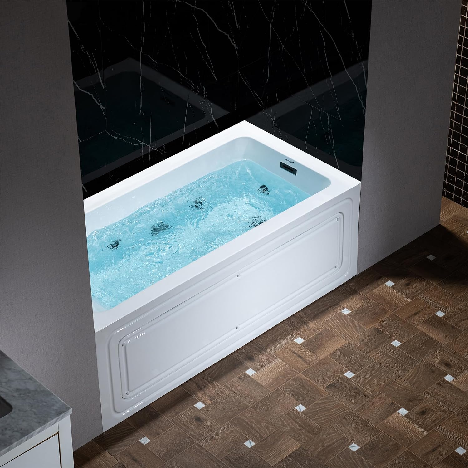 WOODBRIDGE 60' x 30' Alcove Acrylic Rectangular Whirlpool Heated Jetted Tub in White with right Drain, Matte Black Finish, BS666-R-MB02