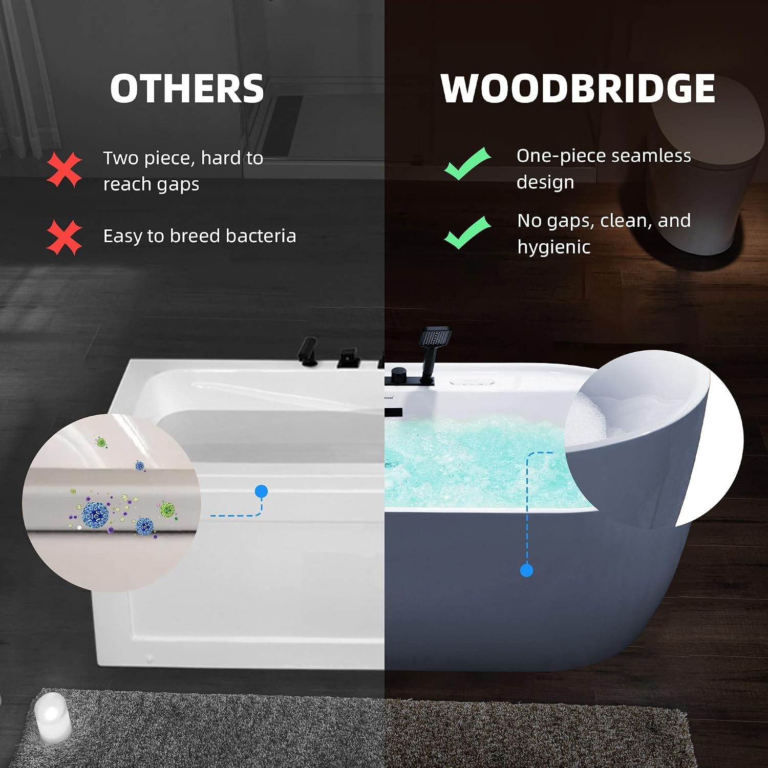 WOODBRIDGE 72' x 35-3/8' Whirlpool and Air Bath Heated Soaking Combination Tub with Adjustable Speed Air Blower, Tub Filler, and LED control panel, Matte Black Finish Trim and Drain Kit, BM500+F0051MB