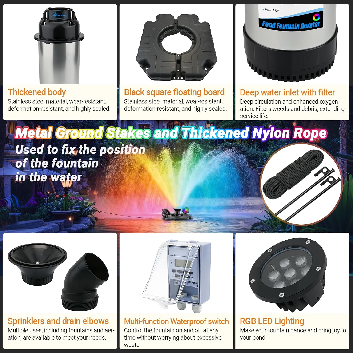 Pond Fountain Aerator with Lights, Dynamic RGB Light 1HP 750W Floating Fountain for Pond Lake, 110V 15000 GPH Fully Automatic Stainless Steel Fountain Pump 100Ft Cord with 2 LED Lights and Nail, Rope