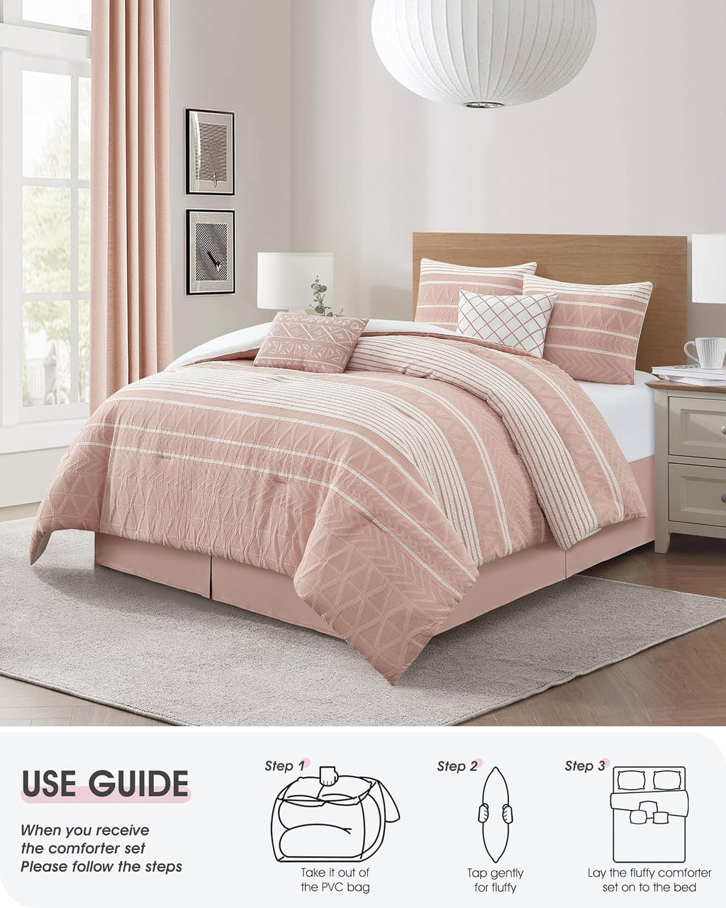 LANCO MODERN LIFESTYLE Cotton Comforter Set California King, Gorgeous Geometric Jacquard, Blush Soft Lightweight Bedding Set for All Seasons, Bedskirt, Pillow Shams and Decor Pillows