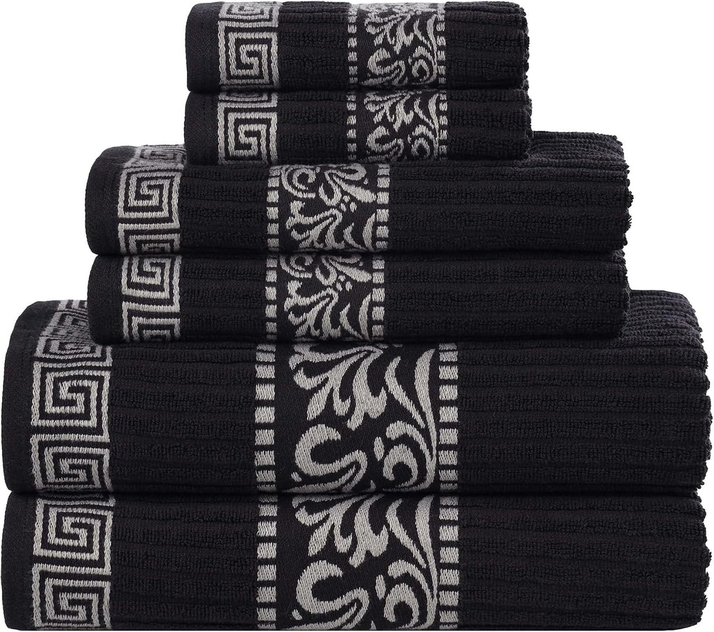Superior 6-Piece Cotton Towel Set, Decorative Greek Pattern, Home Essentials, Absorbent Towels, Bathroom Decor, Spa, Resort, Includes 2 Hand, 2 Face and 2 Bath Towels, Athens Collection, Black-Chrome