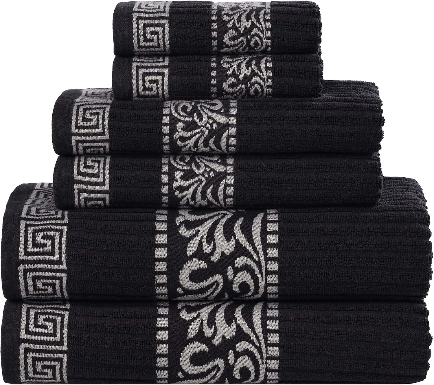 Superior 6-Piece Cotton Towel Set, Decorative Greek Pattern, Home Essentials, Absorbent Towels, Bathroom Decor, Spa, Resort, Includes 2 Hand, 2 Face and 2 Bath Towels, Athens Collection, Black-Chrome