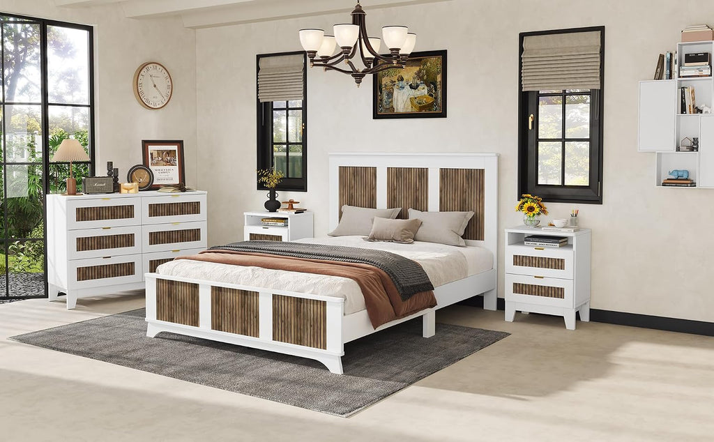 Harper & Bright Designs 4-Pieces Bedroom Sets, Queen Size Platform Bed with 2 Nightstands and A 6-Drawer Dresser, Queen Size Bedroom Set with Wooden Strip Decoration, White