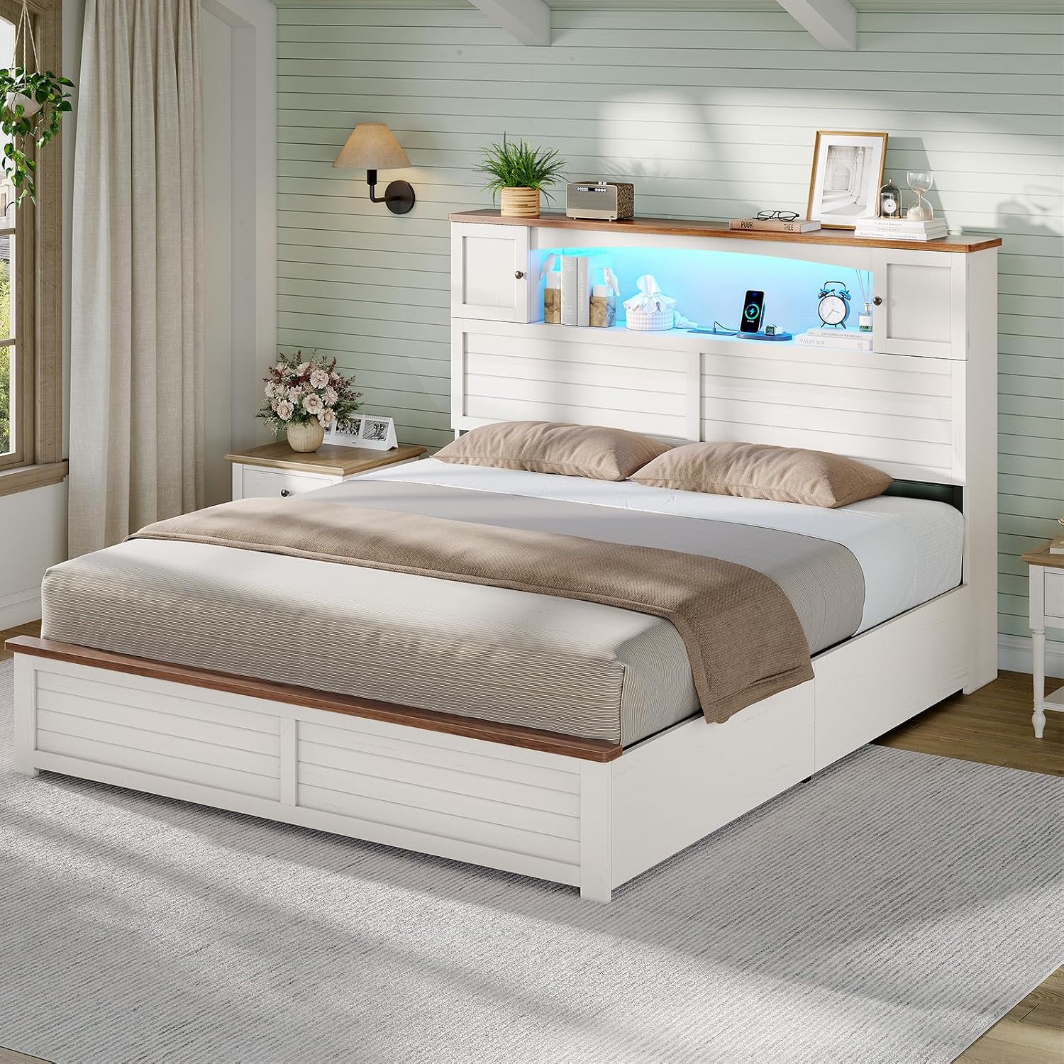 MSmask Farmhouse Bed Frame Full Size with Bookcase and Storage Cabinets Headboard, Wood Platform Bed with LED Lights, Charging Station, 4 Drawers, Decoration Footboard, No Box Spring Needed, White