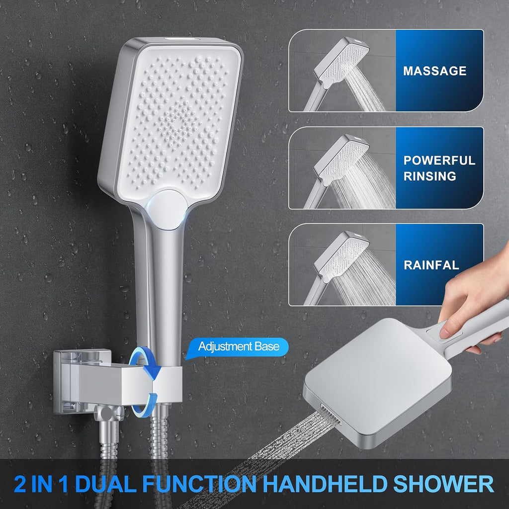 Shower Faucet Set, 12' Ceiling Mount Rainfall Shower System with 2 Rain Shower Head and Multi-function Handheld Head Push Button Diverter Shower Faucet Trim Kit (12', Polished Chrome)