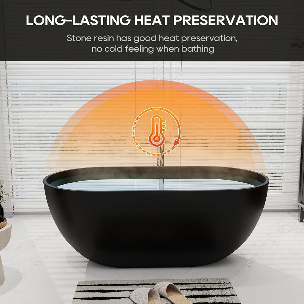 SJ STAR&JANE 59' Solid Surface Freestanding Bathtub Oval Stone Resin Soaking Tub Modern Stand Alone Tub with Overflow & Pop-up Drain, Matte Black for Bathrooms