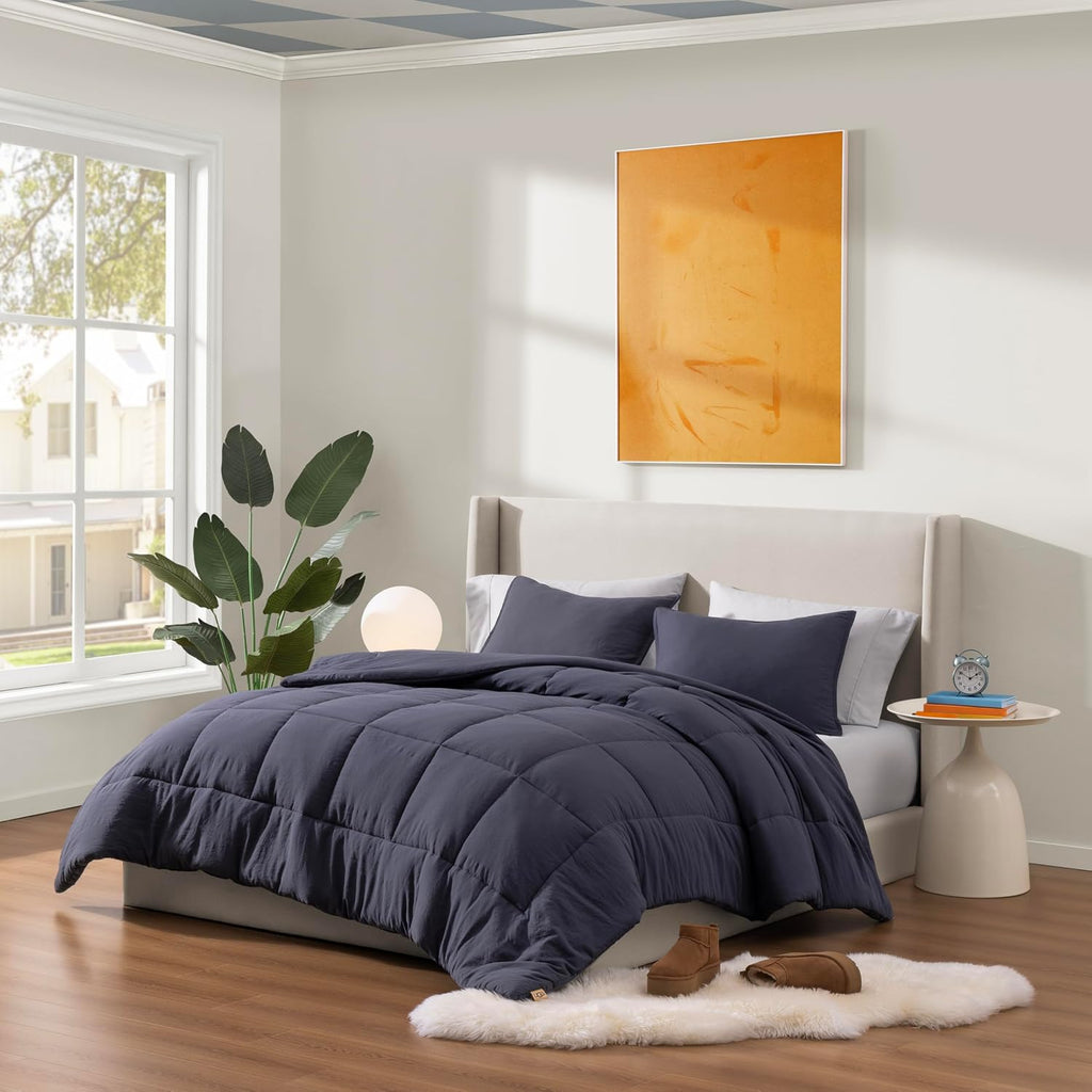 UGG Leonora Comforter Set with 2 Pillow Shams Lightweight Down Alternative Blanket Reversible Cozy Warm All Season Washable and Hypoallergenic Bedding Set, Full/Queen, Navy Blue