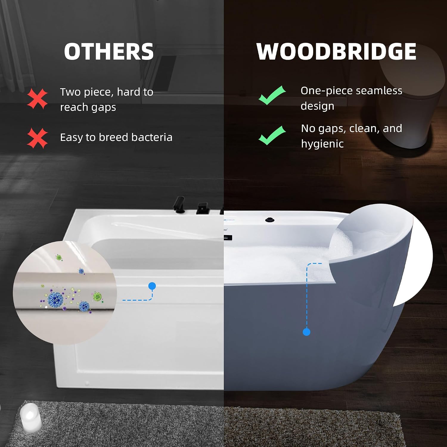 WOODBRIDGE 72' x 35-3/8' Whirlpool and Air Bath Heated Soaking Combination Tub with Adjustable Speed Air Blower and Display Control Panel, Matte Black Finish Trim and Drain Kit, BM500