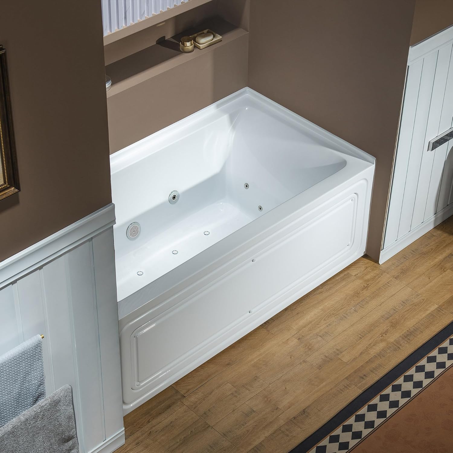 WOODBRIDGE 60' x 30' Alcove Acrylic Rectangular Whirlpool and Air Heated Tub in White with Left Drain, Polished Chrome Finish Trim and Drain Kit Included, DF501-L-CH01