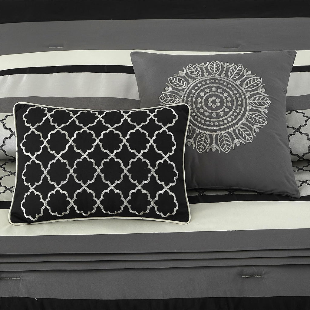 LANCO MODERN LIFESTYLE Queen Comforter Set, Black Gray Bedding Set, Jacquard Woven with Embroidery, 8 Pieces Bed in a Bag, Bed Skirt, Shams and Decorative Pillows
