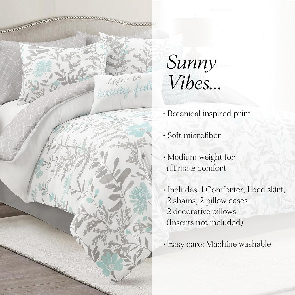 Lush Decor Aprile Soft Reversible Floral Comforter Set, 8 Piece Set, Queen, Blue & Gray - Floral Bedding Set - Queen Sized Comforter Full - Blue Gray Bedding - Spring Home Decor - Cottage - Farmhouse