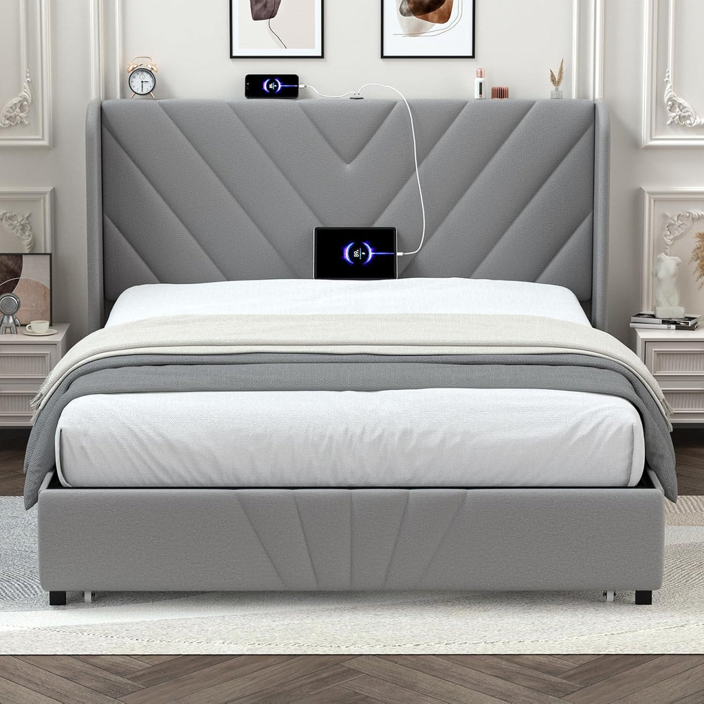 LUCKLIFE Queen Size Metal Bed Frame with Upholstered Headboard,Storage Drawers,USB&Type-C Charging Ports,No Box Spring Needed,Grey