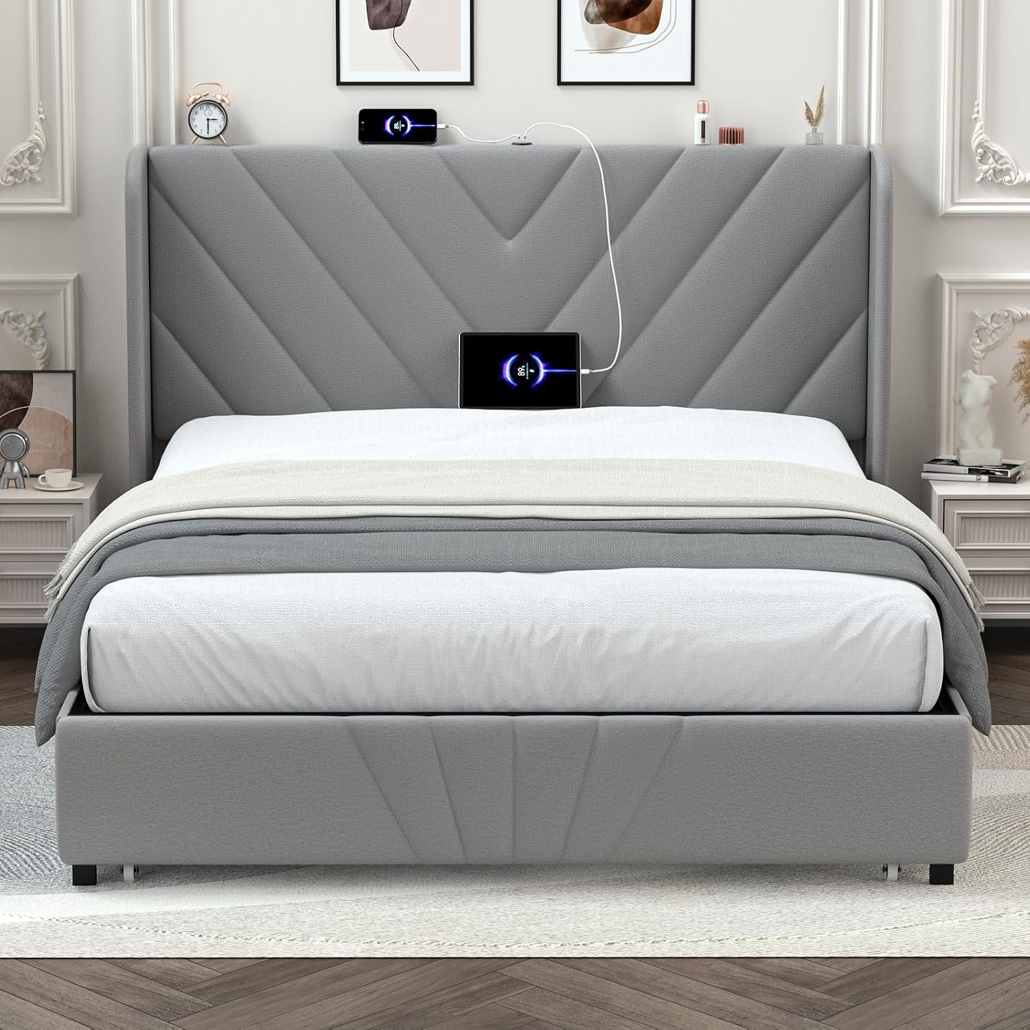 LUCKLIFE Queen Size Metal Bed Frame with Upholstered Headboard,Storage Drawers,USB&Type-C Charging Ports,No Box Spring Needed,Grey