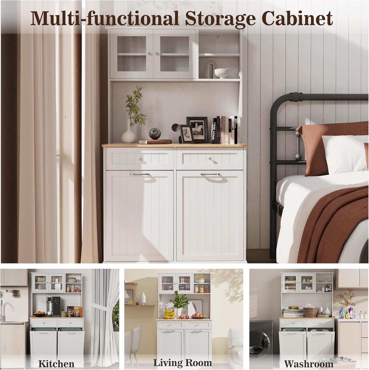 Double Tilt Out Trash Cabinet Storage Cabinet 20 Gallon with Two Solid Wood Hideaway Trash Holder Drawers, Dual Wooden Free Standing Recycling Cabinets Trash Can Bin Kitchen (White)