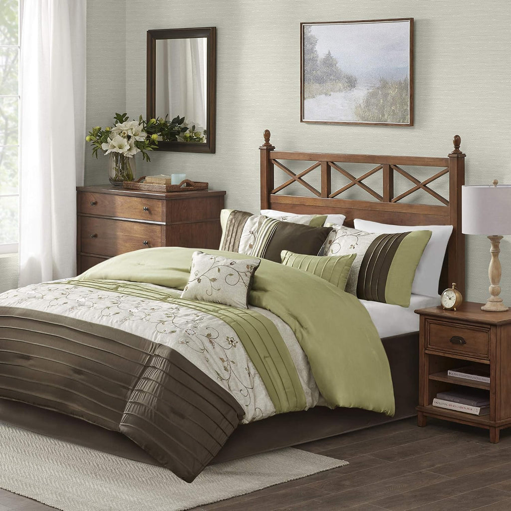 Madison Park Serene Faux Silk Comforter Set - Floral Embroidery Design, All Season Bedding Set, Matching Bed Skirt, Decorative Pillows, Green Queen(90'x90') 7 Piece