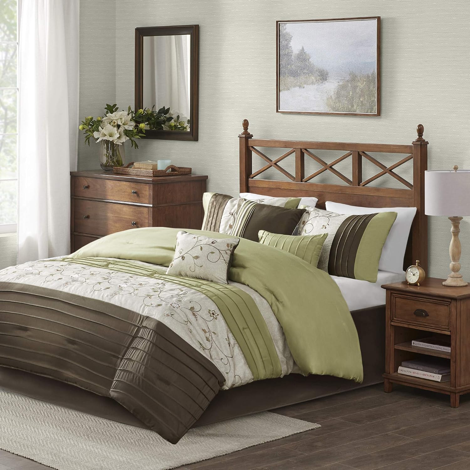 Madison Park Serene Faux Silk Comforter Set - Floral Embroidery Design, All Season Bedding Set, Matching Bed Skirt, Decorative Pillows, Green Queen(90'x90') 7 Piece