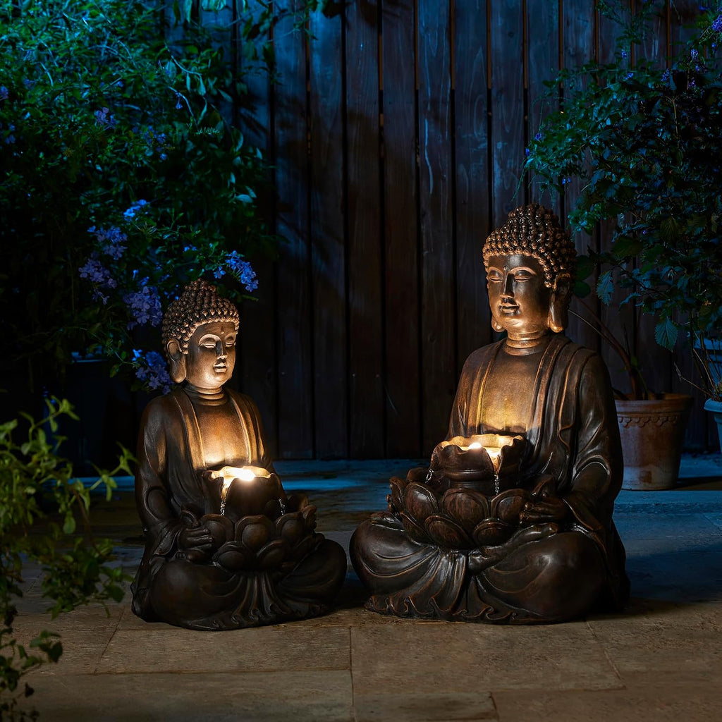 Glitzhome Outdoor Fountain 28' H, Large Zen Style Buddha Waterfall Fountains Indoor Water Fountain with Pump & LED Lights, Freestanding Water Feature Outside Garden Backyard Decor