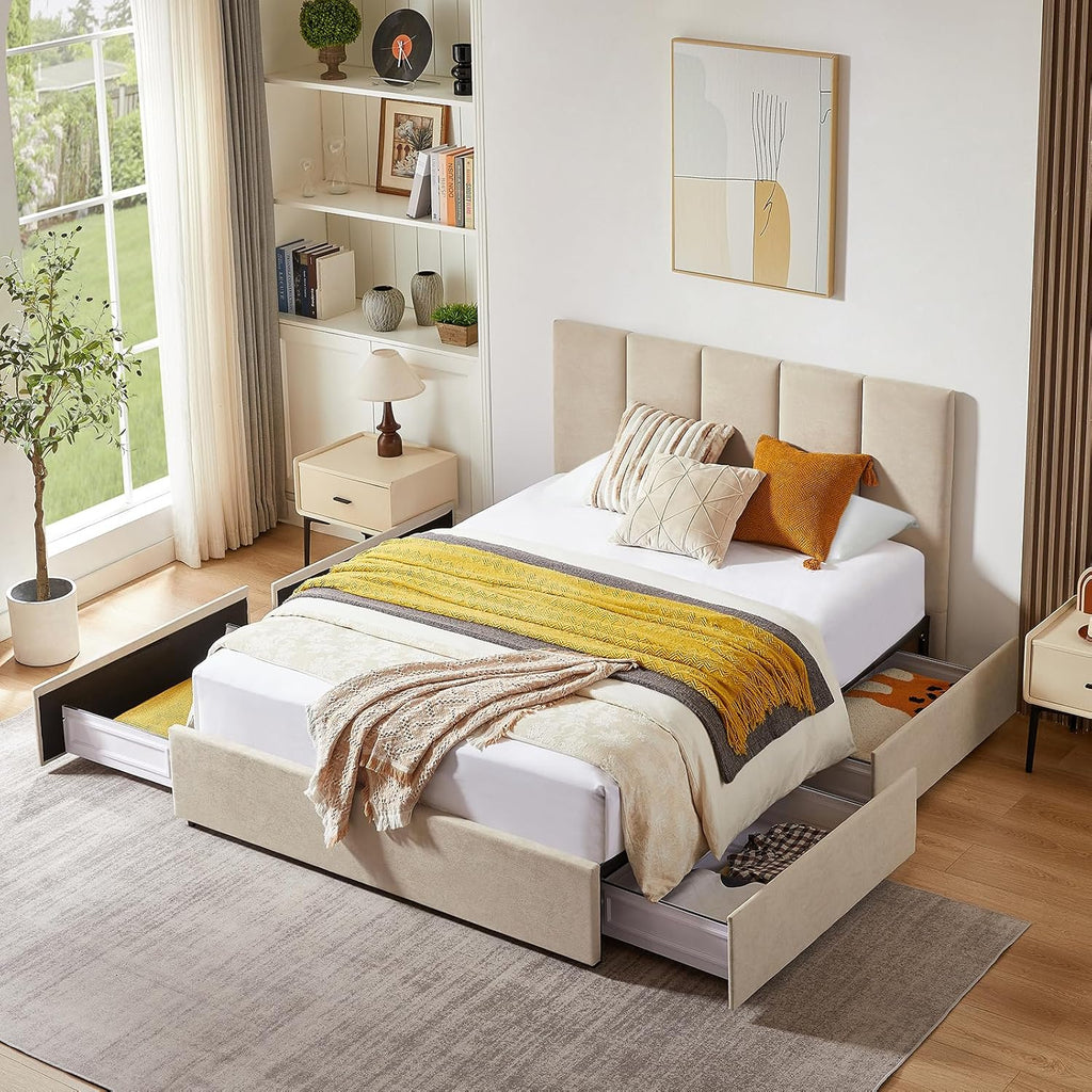 VELOCAVA Full Size Upholstered Bed with 4 Storage Drawers, Modern Linen Platform Bed Frame with Vertical Channel Headboard, Sturdy Wood Slats, Space-Saving Design, No Box Spring Needed, Beige