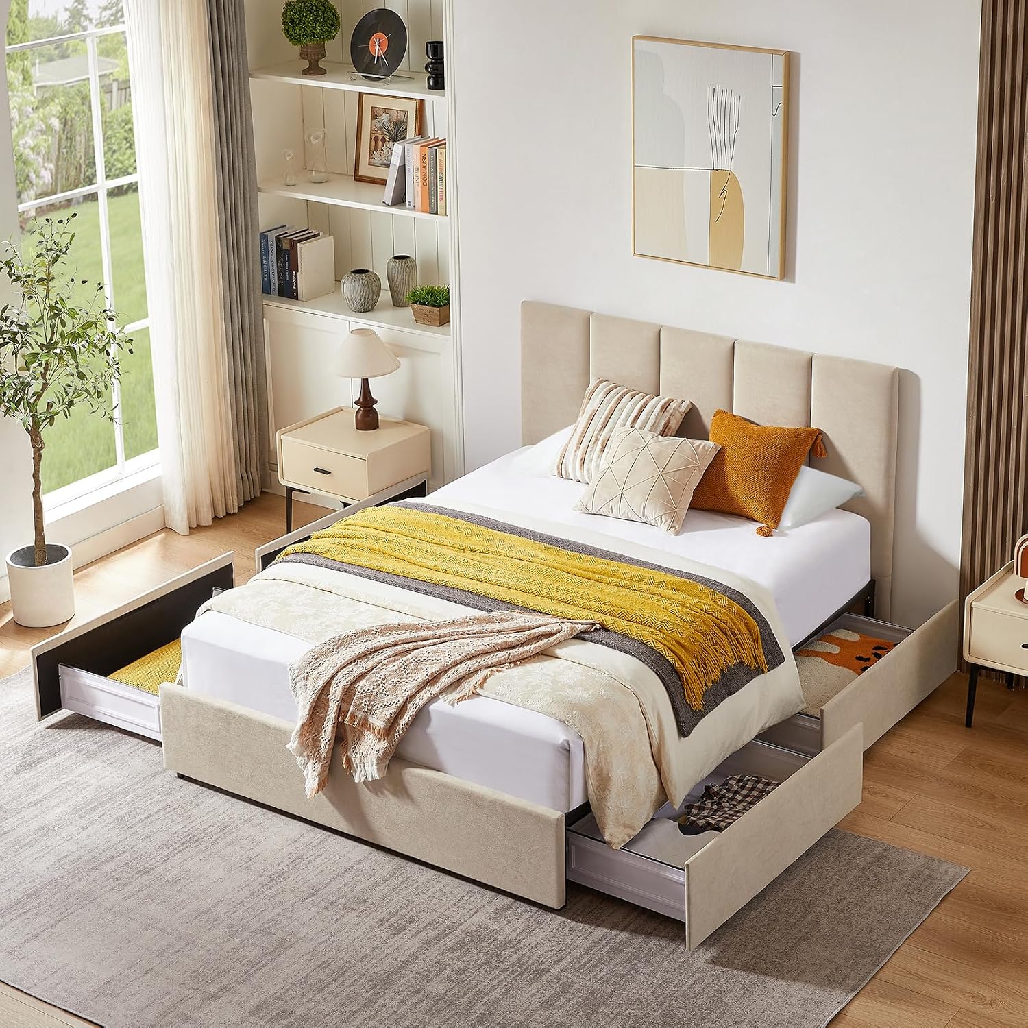 VELOCAVA Full Size Upholstered Bed with 4 Storage Drawers, Modern Linen Platform Bed Frame with Vertical Channel Headboard, Sturdy Wood Slats, Space-Saving Design, No Box Spring Needed, Beige