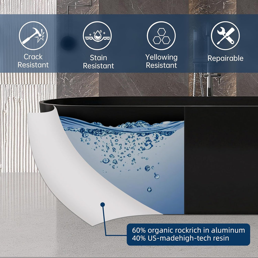 69' Stone Resin Freestanding Bathtub, Oval Solid Surface Bathroom Freestanding Tub, Thin Edge Stand Alone Tub with Integrated Slotted Overflow and Pop-up Drain, Matte Black AFS307-1750