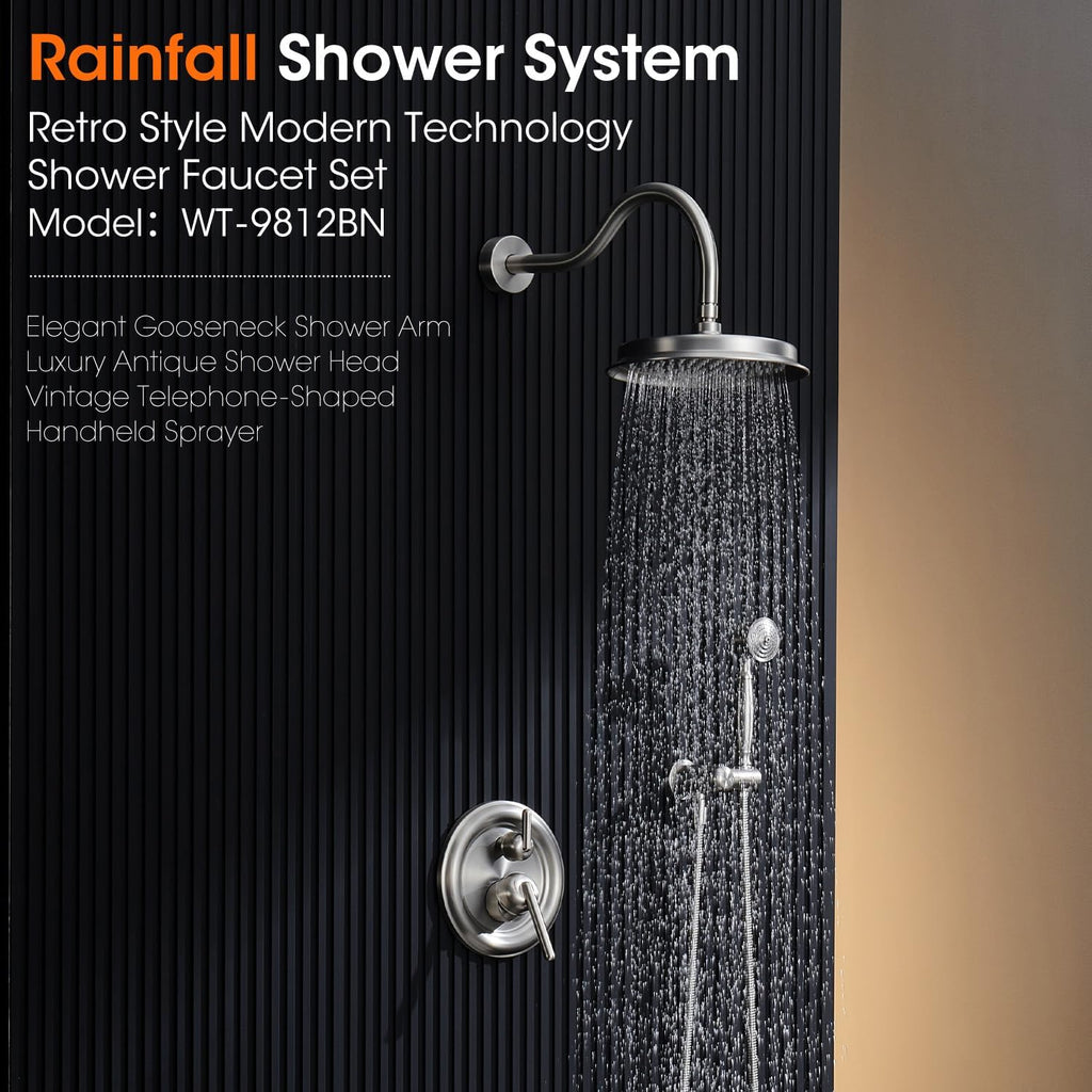 Rainfall Shower System Shower Faucet Set with Rain Shower Head and Handheld Spray Wall Mounted Bathroom Luxury Mixer Combo Set Rough-in Valve Body and Trim Included 9 inch Brushed Nickel