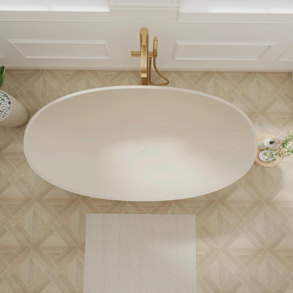 SJ STAR&JANE 65' Solid Surface Freestanding Bathtub, Oval Soaking Tub with Overflow and Pop-up Drain for Bathroom Cream