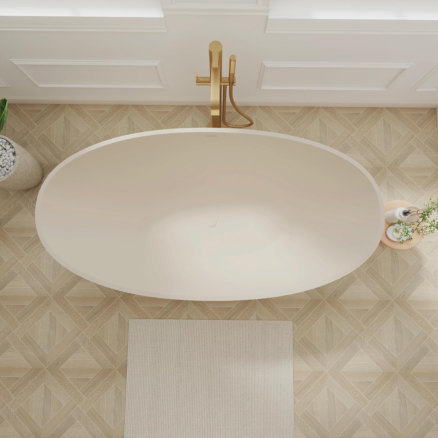 SJ STAR&JANE 65' Solid Surface Freestanding Bathtub, Oval Soaking Tub with Overflow and Pop-up Drain for Bathroom Cream