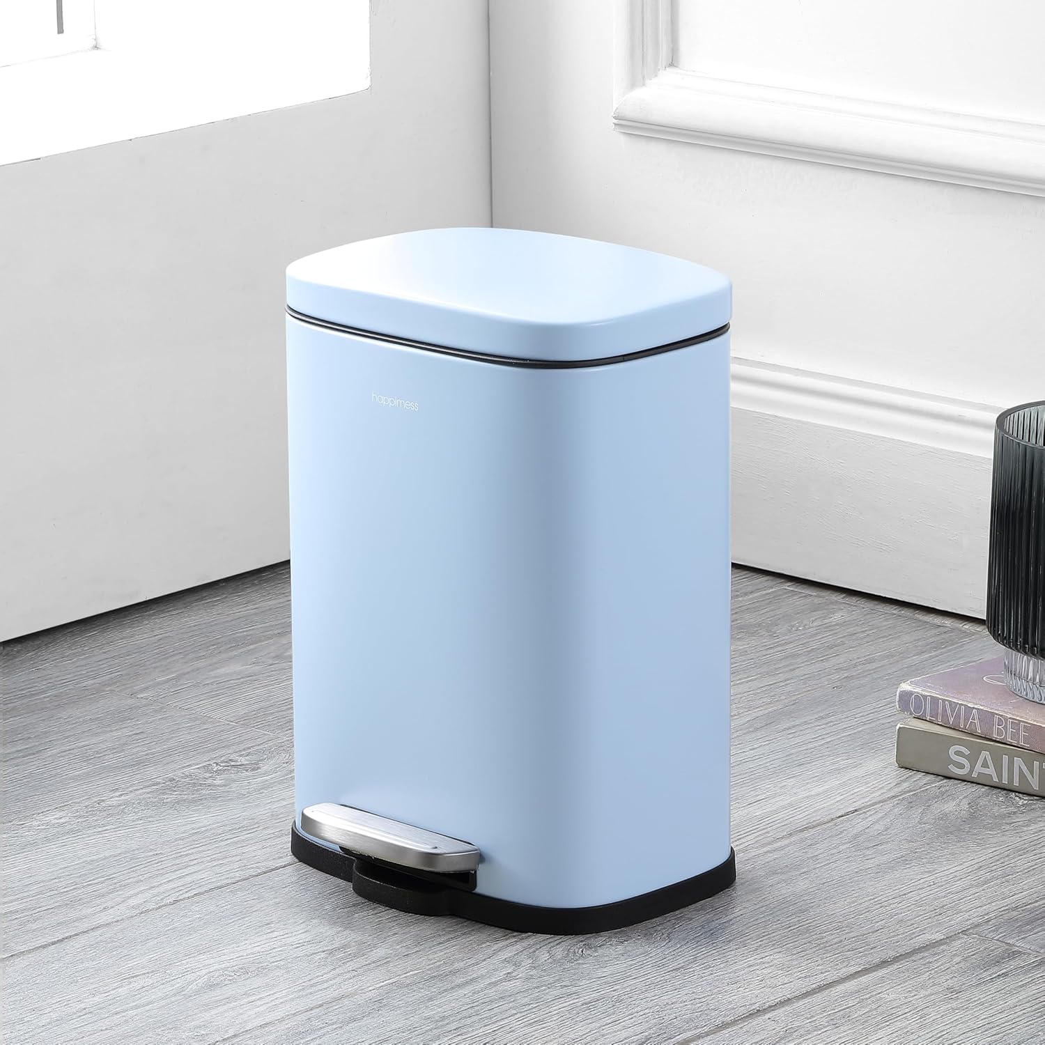 happimess HPM1006H Connor Rectangular 13-Gallon Trash Can with Soft-Close Lid and Free Mini Trash Can, Fingerprint Resistant, Modern, Minimalistic for Home, Kitchen, Office, Bathroom, Tide Pool Blue