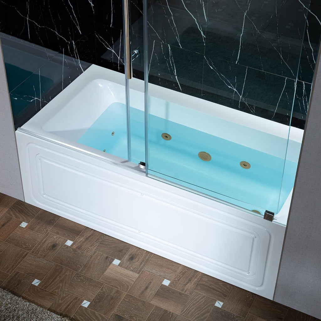 WOODBRIDGE 60' x 30' Alcove Acrylic Rectangular Whirlpool Heated Jetted Tub in White with right Drain, Brushed Gold Finish Trim and Drain Kit Included, BS666-R-BG03
