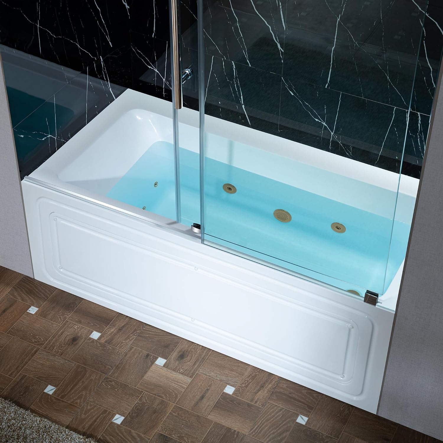 WOODBRIDGE 60' x 32' Alcove Acrylic Rectangular Whirlpool Heated Jetted Tub in White with right Drain, Brushed Gold Finish Trim and Drain Kit Included, BS667-R-BG03