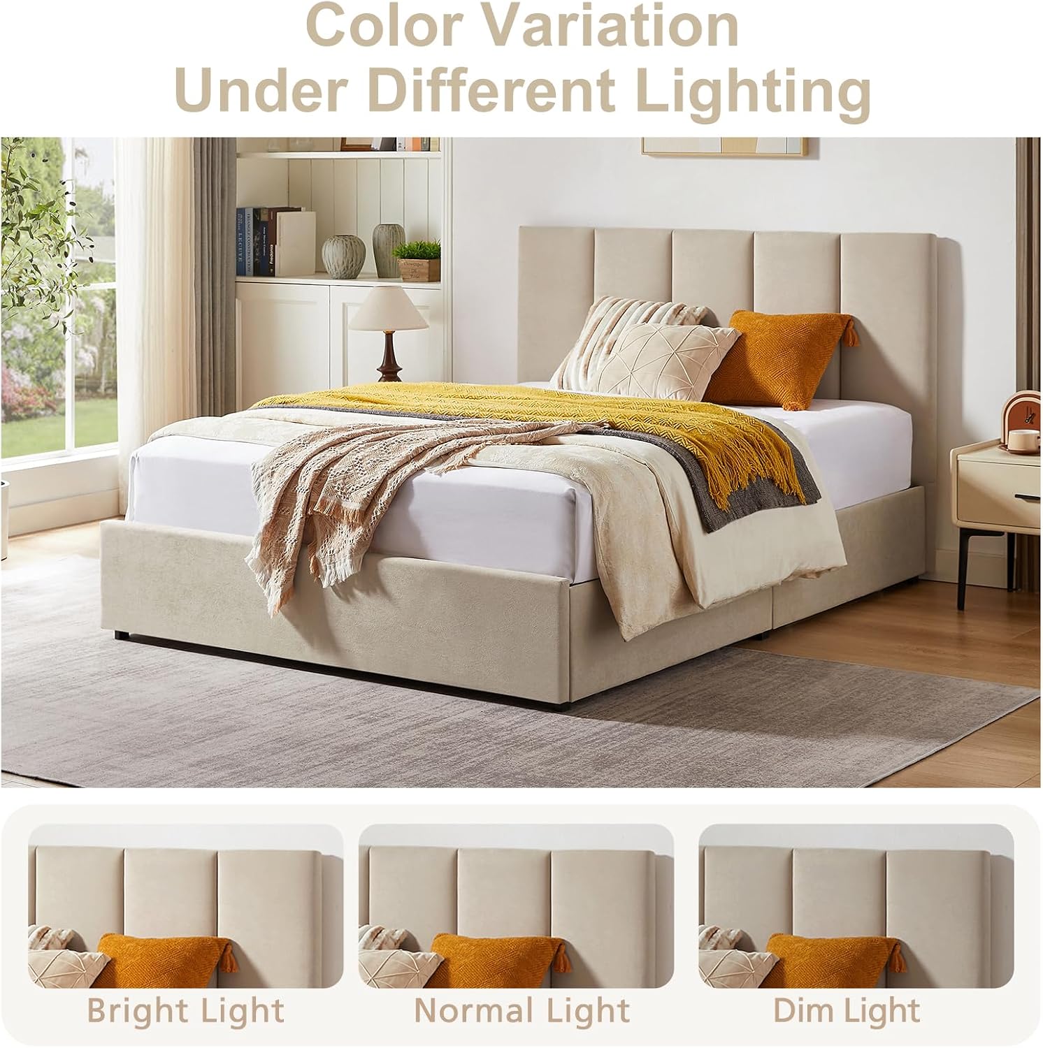 VELOCAVA Queen Size Upholstered Storage Bed Frame with 4 Drawers, Modern Linen Platform Bed with Vertical Channel Headboard, Sturdy Wood Slats, Under Bed Storage, No Box Spring Needed, Beige