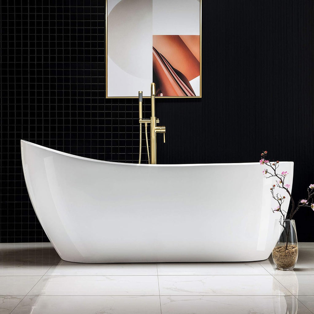 WOODBRIDGE 67' Acrylic Freestanding Bathtub Contemporary Soaking White Tub with Brushed Gold Overflow and Drain，B0001 -BG-Drain &O