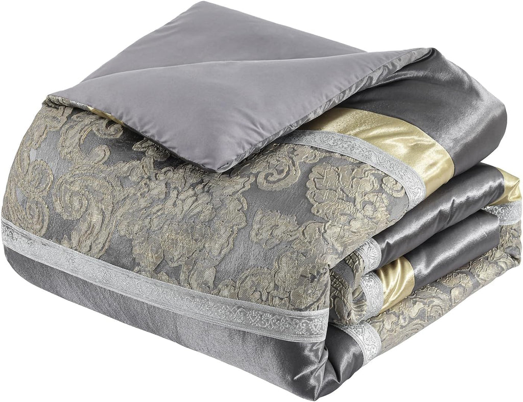Finlonte Queen Size Comforter Set, Gray Gold, 7 Piece Bed in a Bag All Seasons, Luxury Vintage Floral Jacquard Patchwork Grey Stripe, Silky Soft Bedding Sets with Bed Skirt, Shams and Decor Pillows