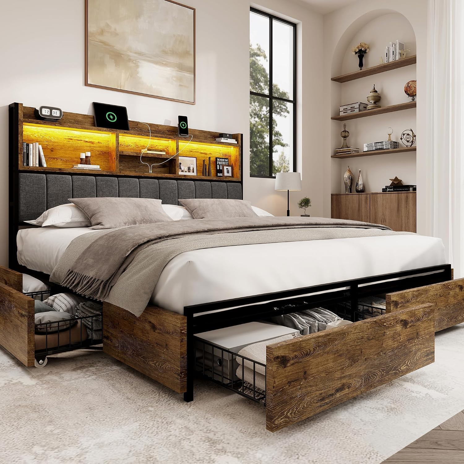 BRELTAM King Bed Frame with 6 Storage Drawers, Linen Upholstered Headboard, Built-in USB Charging Station & LED Lighting, Silent Metal Support, No Box Spring Needed, Vintage Brown