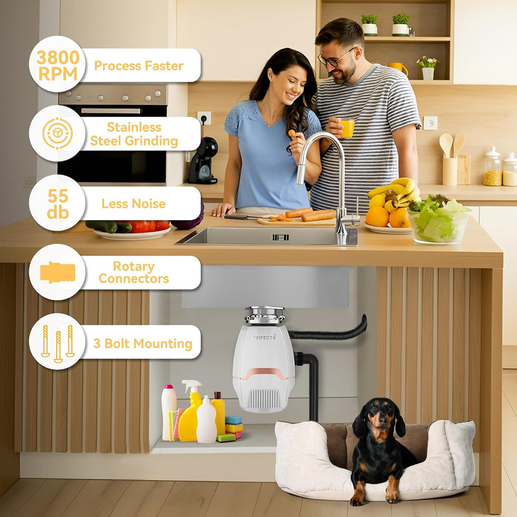 Trifecte Pro 3/4 HP Garbage Disposals with Sound Reduction,Food Waste Coutinuous Feed Garbage Disposal with Power Cord, Dishwasher Hook Up,3800RPM,White