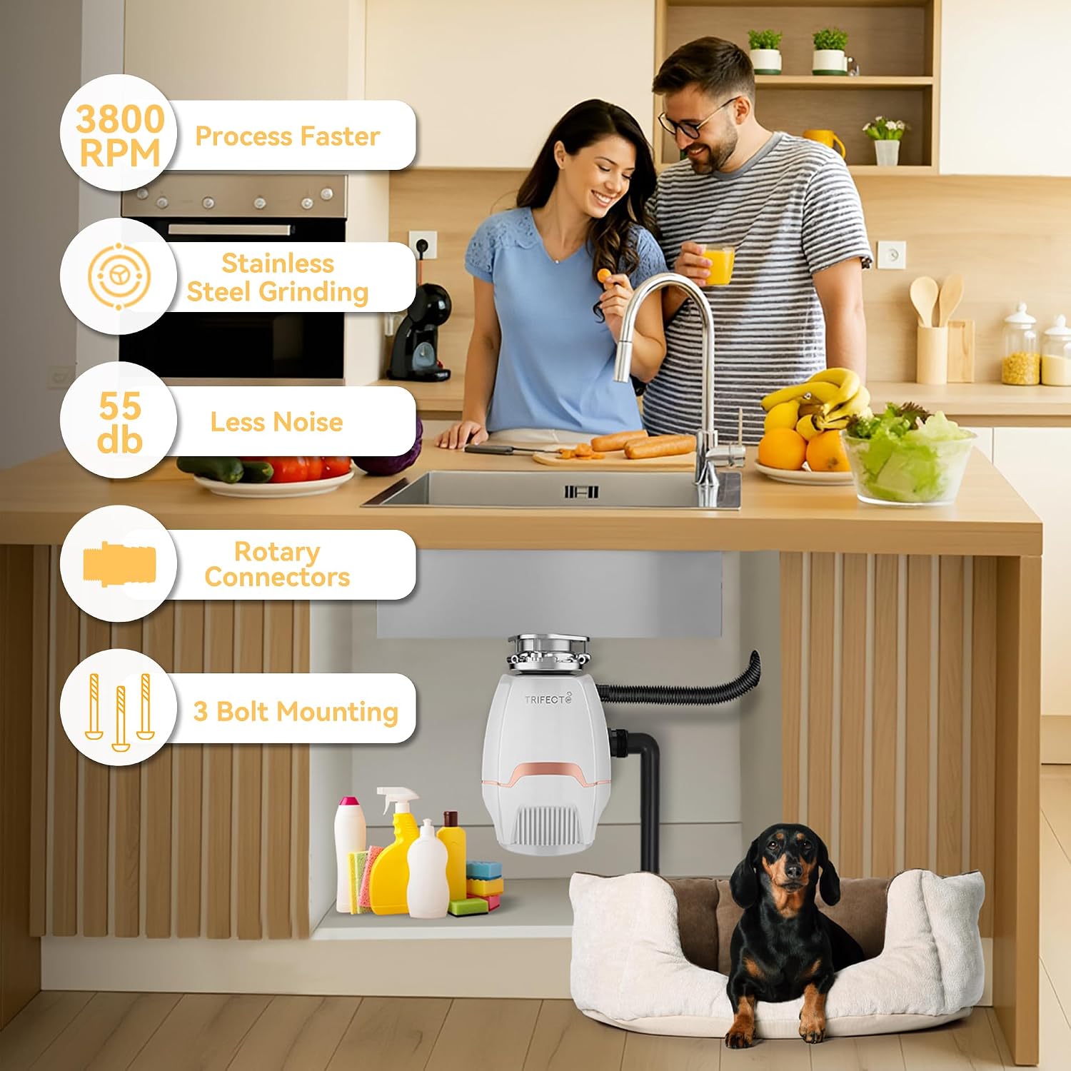 Trifecte Pro 3/4 HP Garbage Disposals with Sound Reduction,Food Waste Coutinuous Feed Garbage Disposal with Power Cord, Dishwasher Hook Up,3800RPM,White