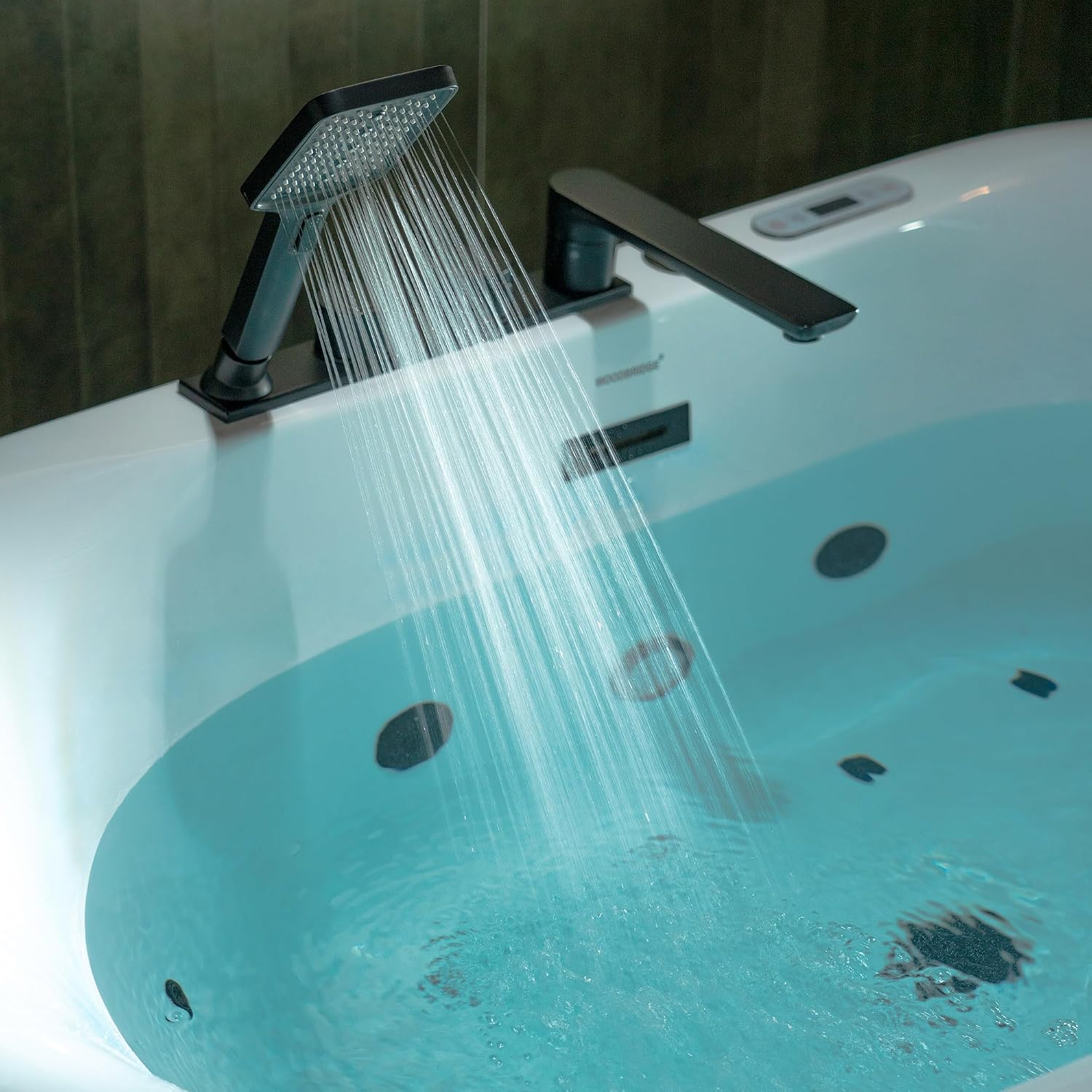 WOODBRIDGE 59' x 31-1/2' Whirlpool and Air Bath Heated Soaking Combination Tub with Adjustable Speed Air Blower, Tub Filler, and LED control panel, Matte Black Finish Trim and Drain Kit, BM100+F0051MB