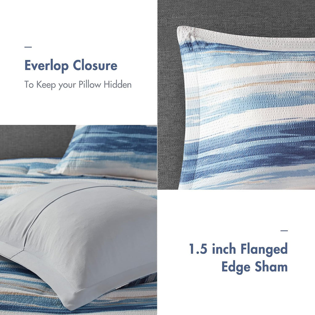 Madison Park Marina Comforter Quilt Combo Set - Modern Luxury Design, All Season Down Alternative Bedding, Matching Shams, Decorative Pillows, King/Cal King(104'x92') Seersucker Blue 8 Piece