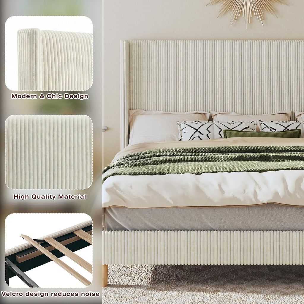 HUAHUU King Size Bed Frame with 51.2' Tall Headboard, Corduroy Upholstered Bed Frame with Wingback, Platform Bed with Wooden Slats Support, Easy Assembly, No Box Spring Needed, Beige