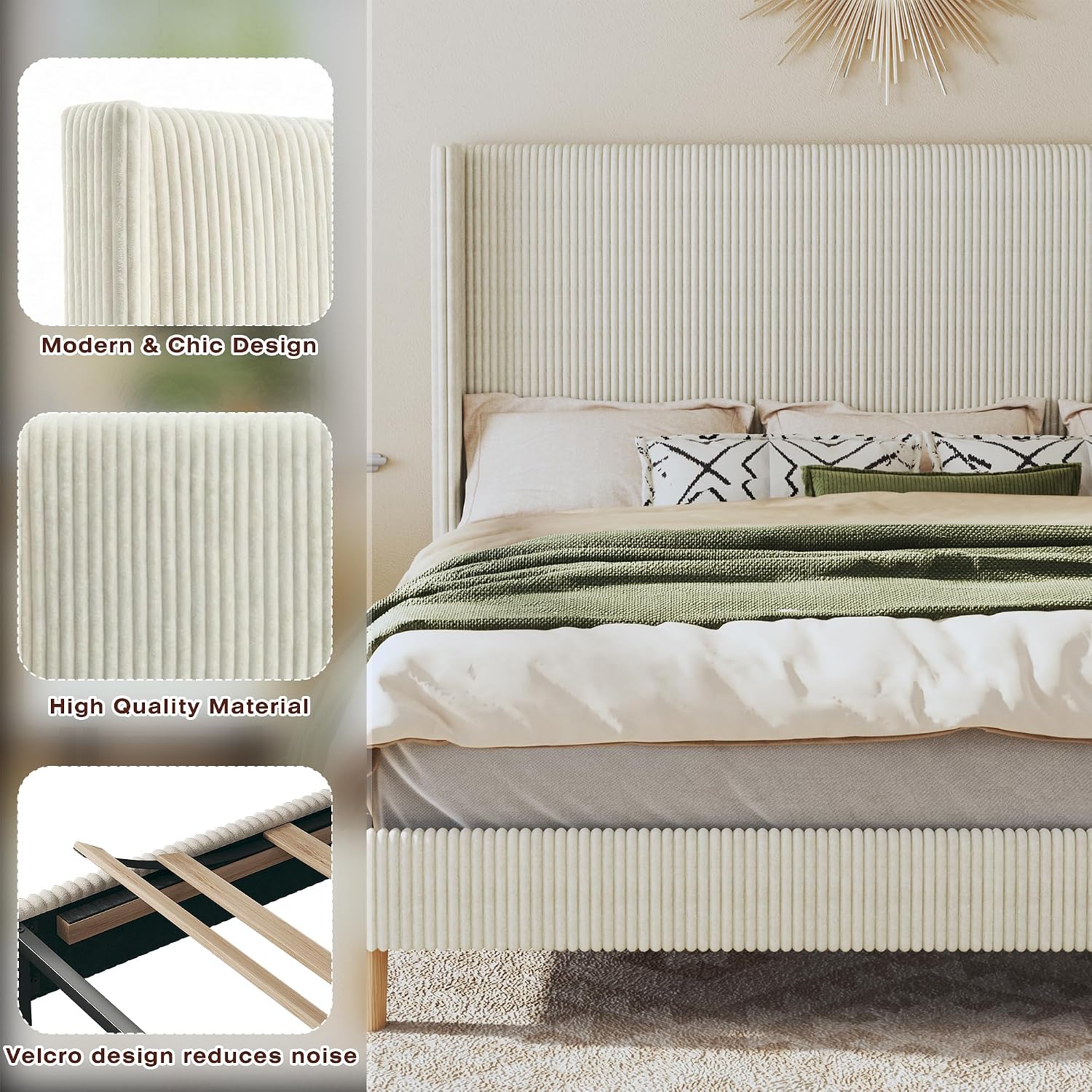 HUAHUU King Size Bed Frame with 51.2' Tall Headboard, Corduroy Upholstered Bed Frame with Wingback, Platform Bed with Wooden Slats Support, Easy Assembly, No Box Spring Needed, Beige