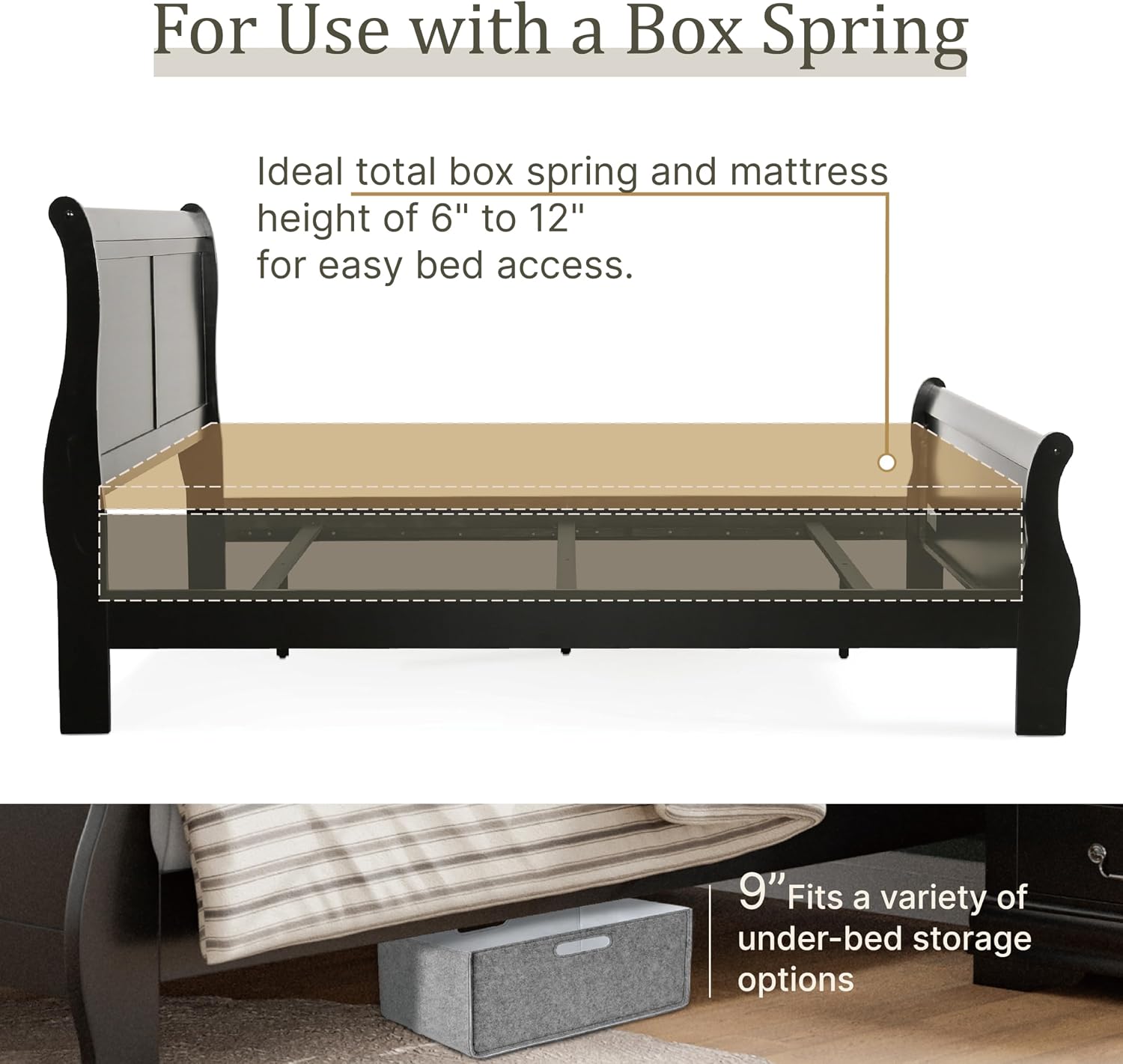 Furniture of America Louis Philippe Traditional Wood King Bed Frame with Headboard and Footboard, Elegant Sleigh Design Bedframe for Bedroom, Guest Room, Easy Assembly, Box Spring Required, Black