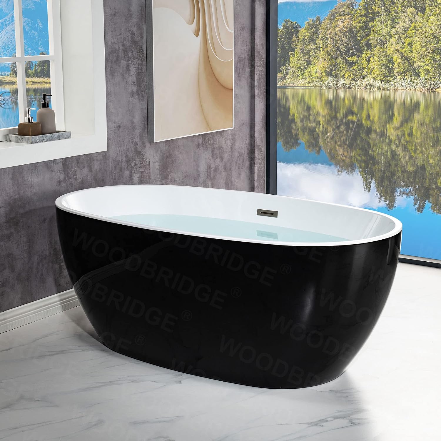 WOODBRIDGE 59' Acrylic Freestanding Bathtub Contemporary Soaking Black Tub with Brushed Nickel Overflow and Drain,Black,B1818-BN