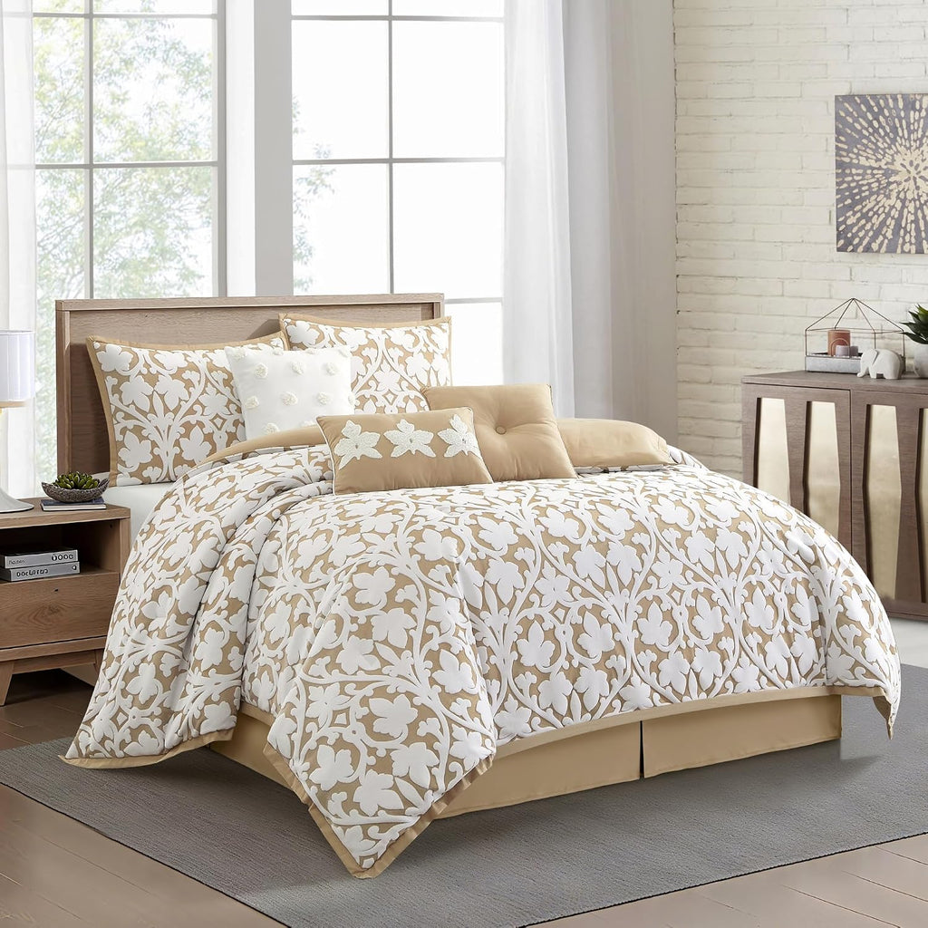 Stratford Park Floral Leaves Comforter Set, Khaki King Size Bedding, 7 Piece Jacquard Bedding Set, All Season, Matching Pillows, Shams, Bed Skirt