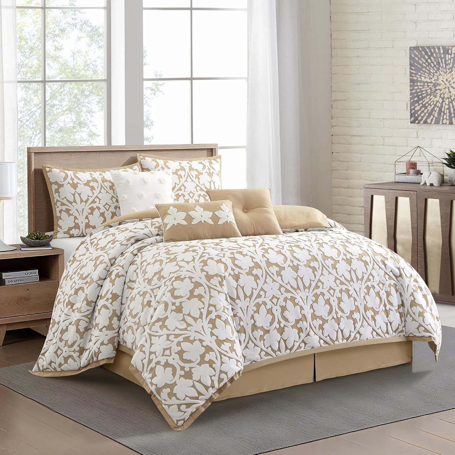 Stratford Park Floral Leaves Comforter Set, Khaki King Size Bedding, 7 Piece Jacquard Bedding Set, All Season, Matching Pillows, Shams, Bed Skirt