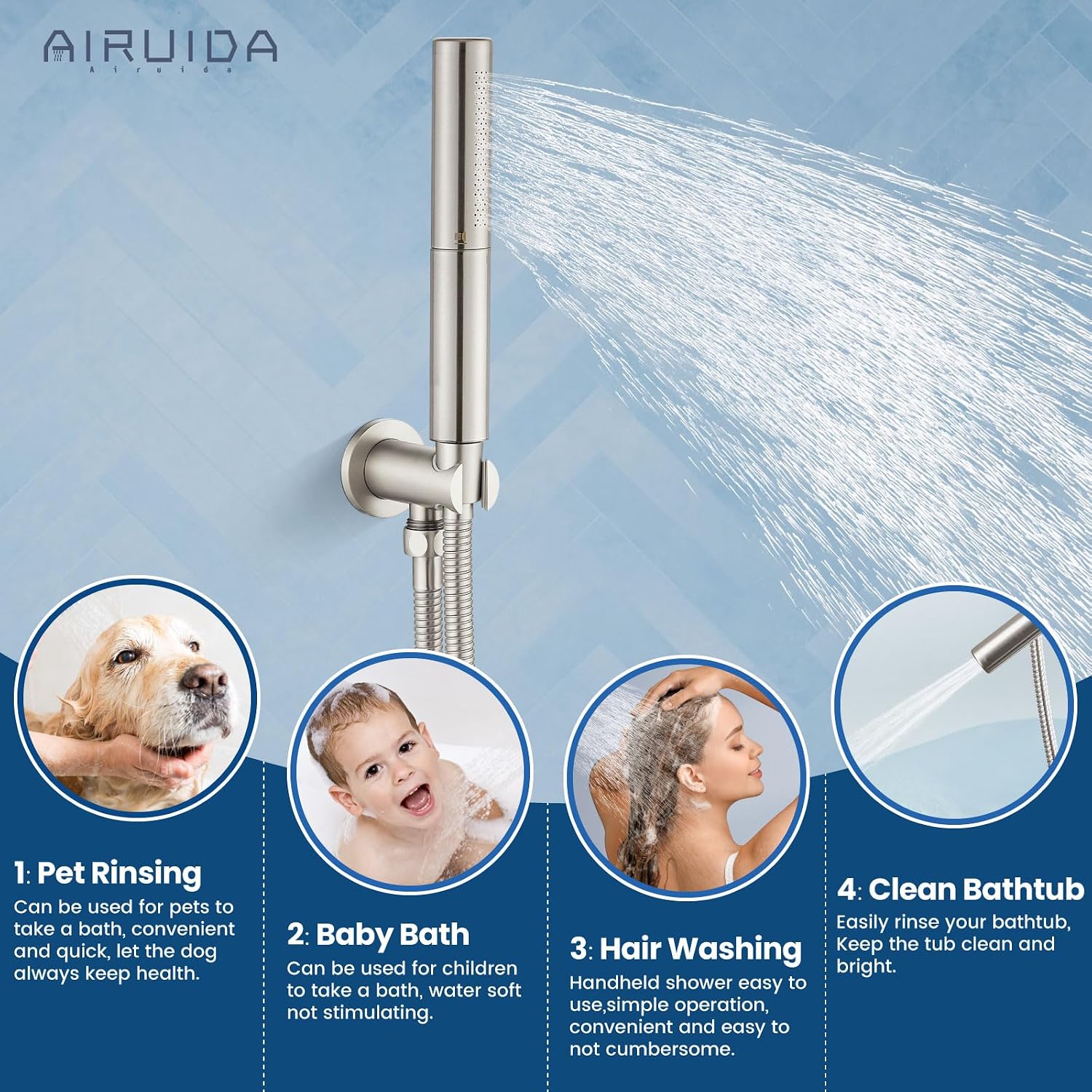 Airuida 3-Function Shower System with Tub Spout – Round Rainfall Shower Faucet Combo,Handheld Spray with 2 Functions,Includes Rough-In Valve with 360° Rotating Drain,10 Inch Shower Head,Brushed Nickel